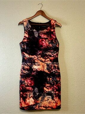 Cynthia Rowley structured scuba knit sheath dress, abstract peach, black & pink